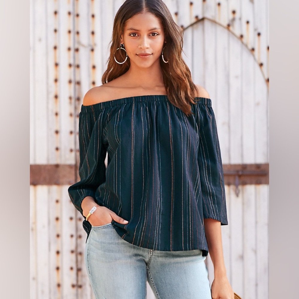 Garnet Hill Off-the-Shoulder Cotton Gauze Blouse in Navy Size XL